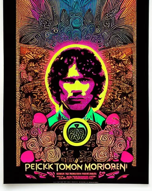 Image similar to portrait of jim morrison psychedelic blacklight poster, intricate, mushrooms, trees, by shepard fairey