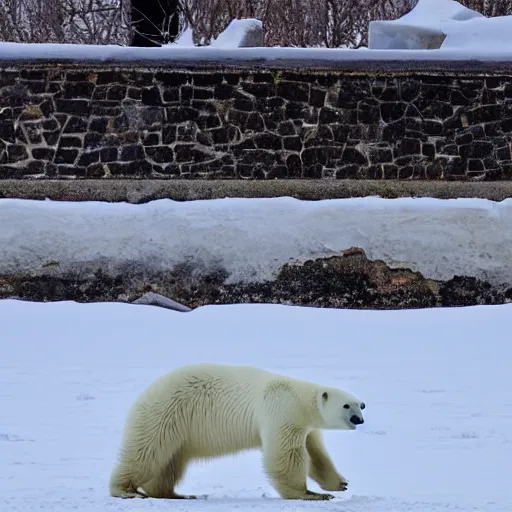 Image similar to The polar bear is white and fuzzy, and it's walking across a field of snow. The snow is deep and pristine, and the air is frigid. The polar bear is trudging through the snow, its head down and its breath visible in the cold air, by wu daozi, qiu ying, gu gaizhi