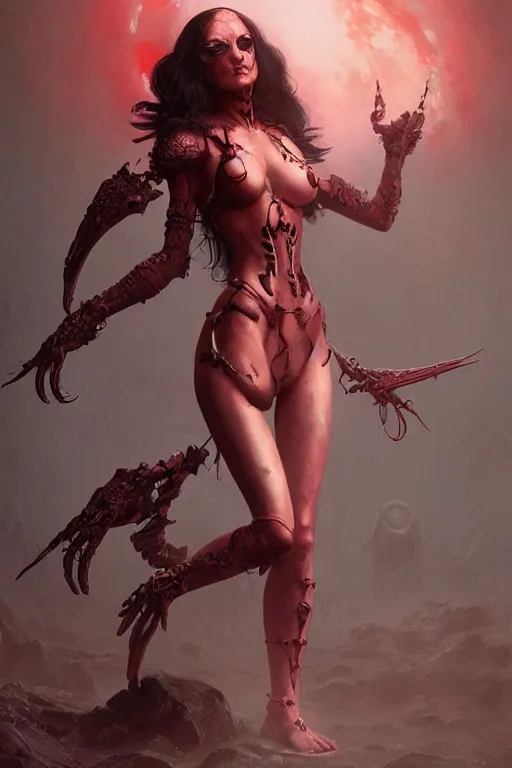 Image similar to Portrait of beautiful pale warhammer 40000 goth maiden in latex bikini, dark fantasy, red light, digital illustration, intricate, highly detailed, smooth, artstation, painted by Wayne Barlowe and Greg Rutkowski and zdislav beksinski and Ruan Jia and Mandy Jurgens and Artgerm and william-adolphe bouguereau