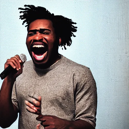 Prompt: a black man singing with all teeth shown, cartoonish