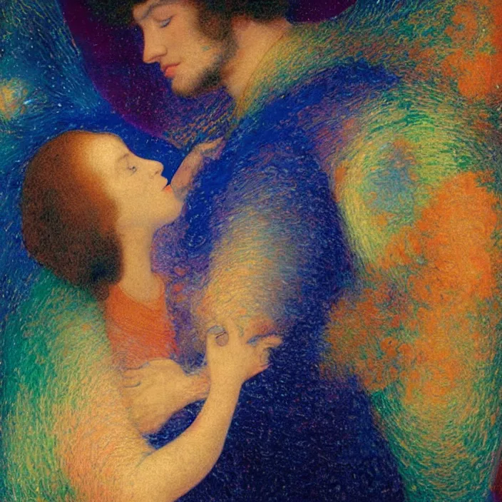 Image similar to close portrait of woman and man kissing. aurora borealis. iridescent, psychedelic lapis - lazuli, turquoise colors. painting by jan van eyck, agnes pelton, utamaro, monet