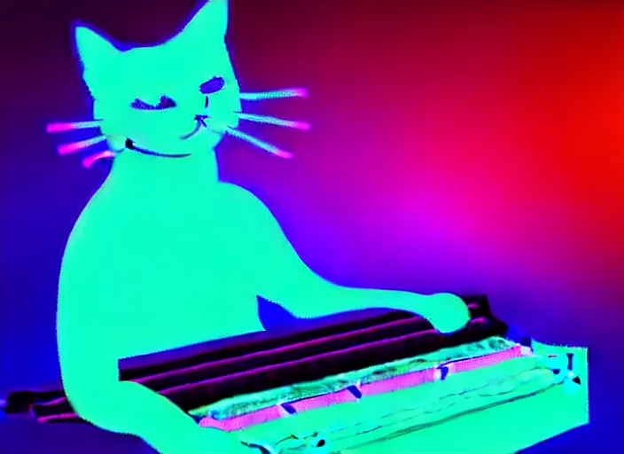 Prompt: cat [ playing a piano ], [ synthwave art style ]!!, trending on cgsociety, neon art style, [ bioluminescent colors ]!!, 4 k surrealism