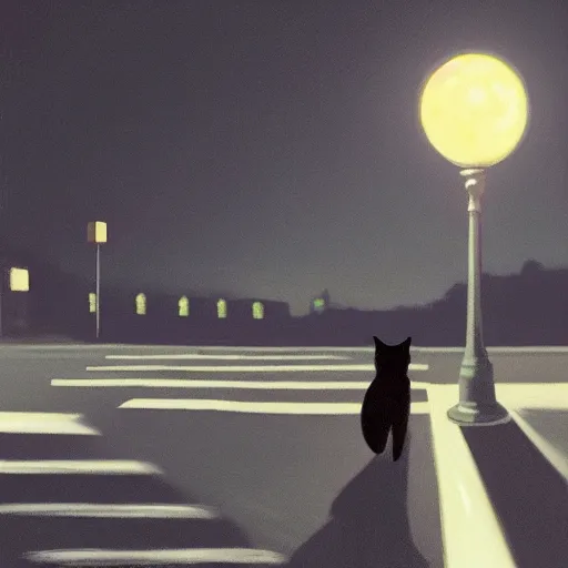 Image similar to a black cat in the middle of a road with streetlight at mid night with the moon in the back. Made by Jason Degraaf, Edward Hopper, Don Eddy. Hyper realistic, unreal 5, artstation, high detail.