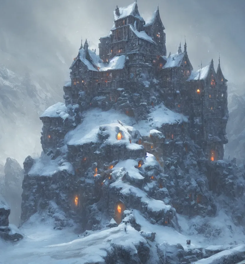 Image similar to a painting of a castle in the middle of a snowy mountain, a detailed matte painting by andreas rocha and greg rutkowski, featured on artstation, fantasy art, matte drawing, matte painting, artstation hq