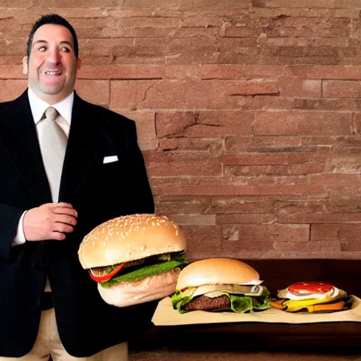 Prompt: full length shot : : clean - shaven smiling white chubby italian american man in his 4 0 s wearing a long brown overcoat and necktie and black shoes shoes shoes holding a burger burger burger, 2 0 0 6 advertising promo shot