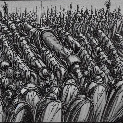 Image similar to pencil illustration. a billion psykers lined up to be sacrificed to the emperor.