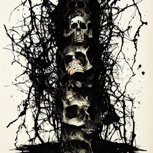 Prompt: vertical pile of melting skull vomiting black tar, anja millen