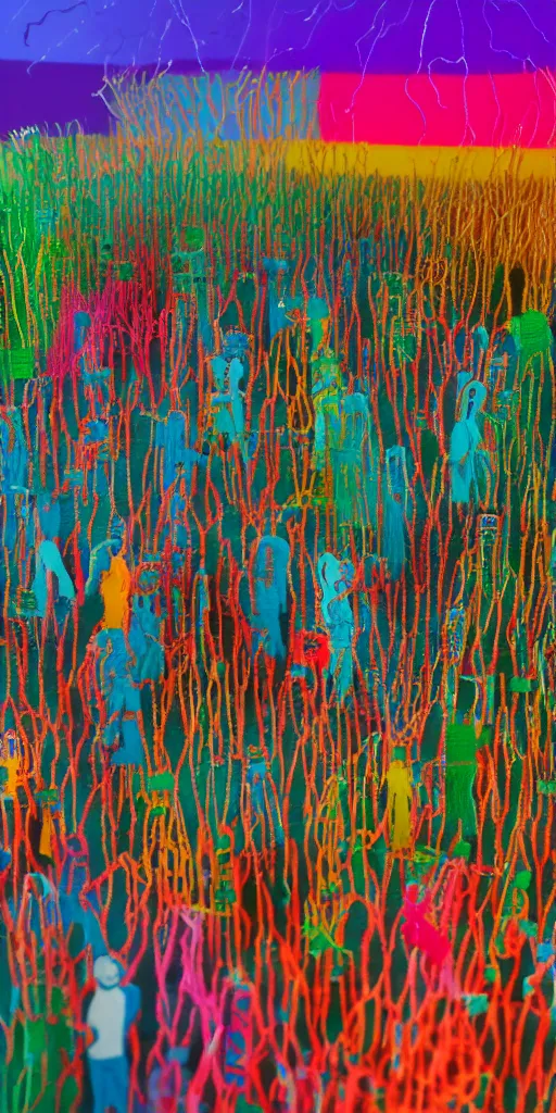 Image similar to group of giant rainbow-colored people dancing in a forest made out of fluffy pipecleaners in the style of Jean-Michel Basquiat, 3D cinematic lighting, spotlight at a 90 DEGREE ANGLE, photorealism, octane render, depth of field, 8k, 35mm, artgem, Trending on artstation