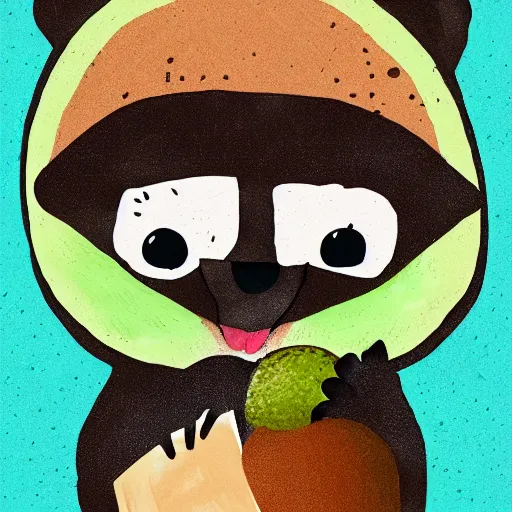 Image similar to children's book style illustration of a grumpy raccoon eating an avocado