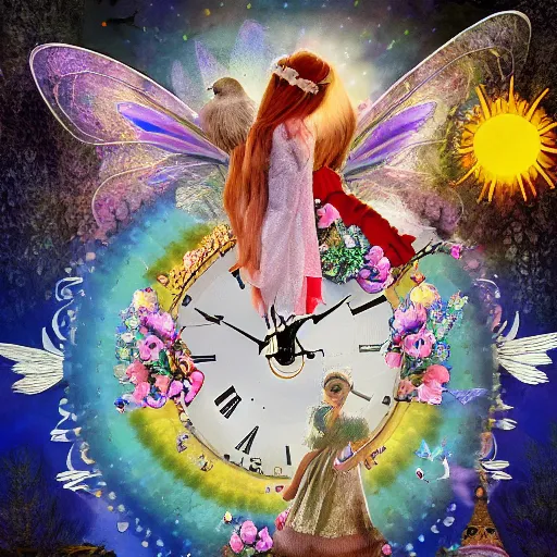 Prompt: fairy tale, birds, flowers, alice in wonderland style, old house, bunnies, doves, sun, clock, psychedelic, rainbow, embroidery, beautiful dress, sky wings, Ukrainian flag, 8k, 3d, intricate details, fine details, extra details, photorealistic, cinematic, high resolution, abstract