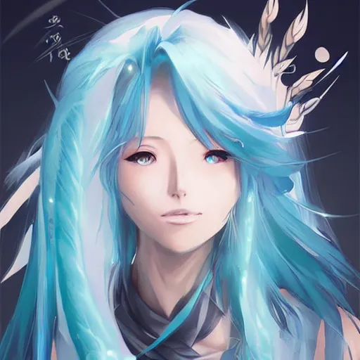 Image similar to advanced digital anime art, WLOP, RossDraws and Sakimichan, female water shaman with blue hair like waves and blue eyes smiling , SFW version —H 1024