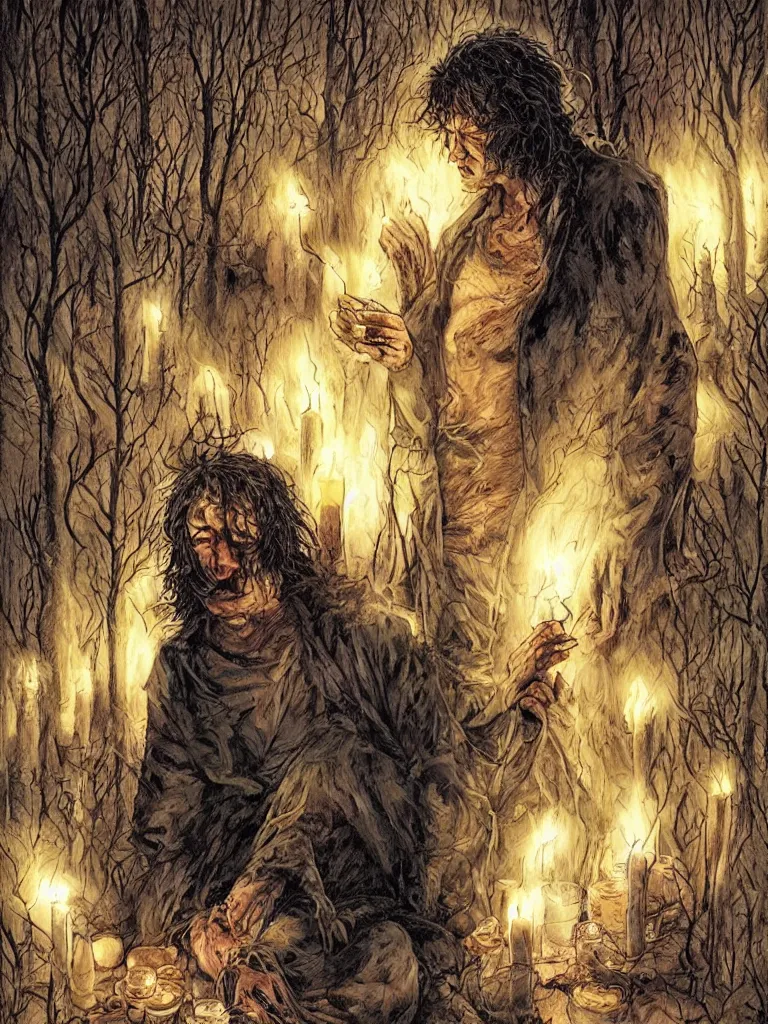 Image similar to neil gaiman sandman surrounded by candles in a deserted forest by lee bermejo and greg rutkowski in vivid color scheme