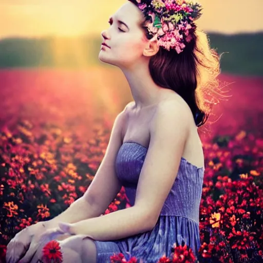 Image similar to Fine art photo of the most beautiful woman, she is posing while maintain a sweet eye contact to the camera, she has a crown of flowers, she has perfect white teeths, she is sitting on a field of lavader, she is getting ulluminated by the rays of the sunset, the photo was taking by Annie Leibovitz, Ellie Victoria Gale, Steve McCurry, matte painting, oil painting, naturalism, 4k, 8k