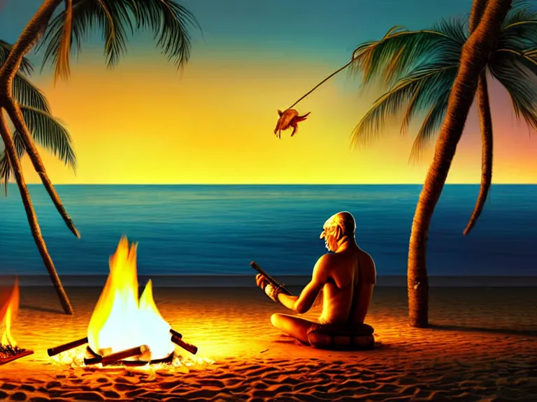 Image similar to gandhi sitting on a beach next to a campfire with palm trees in the back, holding a cigar, sunset, surrounded by animals parrot turtle lizard crab coconuts, glorious lighting, epic environment, highly detailed, digital art, hyper realistic