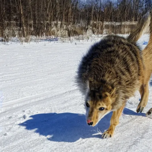 Prompt: being tracked by a starving beast, looking for its daily feast.