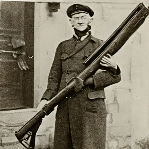 Image similar to old wartime photograph of dumbledore holding a lewis gun, 1 9 1 7