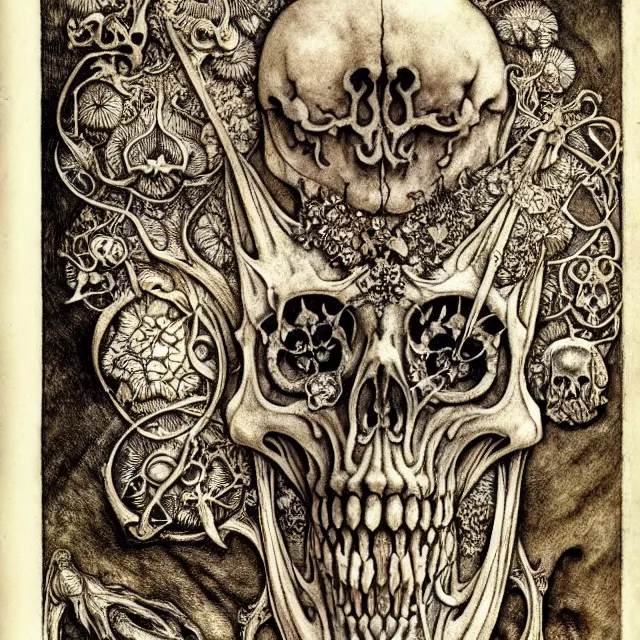 Image similar to memento mori by arthur rackham, art forms of nature by ernst haeckel, exquisitely detailed, art nouveau, gothic, ornately carved beautiful skull dominant, intricately carved antique bone, art nouveau botanicals, ornamental bone carvings, art forms of nature by ernst haeckel, horizontal symmetry, arthur rackham, ernst haeckel, symbolist, visionary