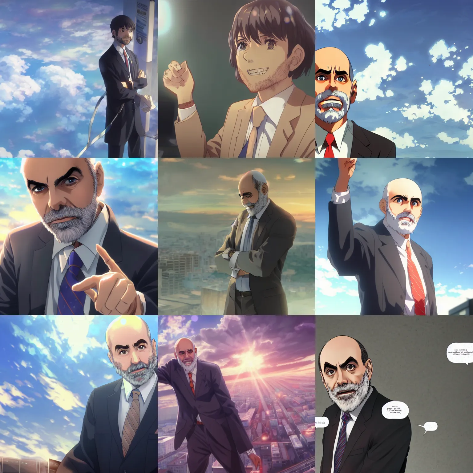 Prompt: photorealistic depiction of Ben Bernanke as the savior of humanity, anime key visual, digital art, anime screenshot, kyoto animation, makoto shinkai, trending on artstation