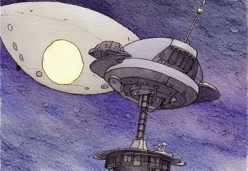 Prompt: a simple studio ghibli watercolor fantasy concept art of a dark grey boxy ufo at night. by studio ghibli, rebecca guay, michael kaluta, charles vess