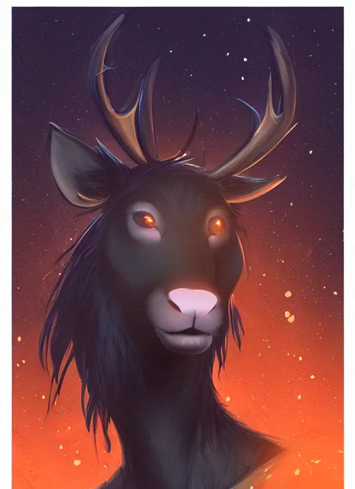 Image similar to award winning beautiful portrait commission of a male furry anthro Black Reindeer fursona with a tail, wings and a cute beautiful attractive detailed furry face wearing stylish black and orange galaxy clothes in a outerspace city at night while it rains. Character design by charlie bowater, ross tran, artgerm, and makoto shinkai, detailed, inked, western comic book art