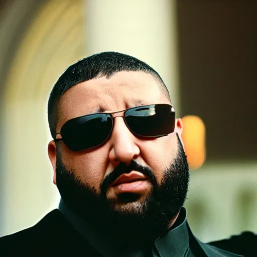 Image similar to a cinematic film still of DJ Khaled starring in The Matrix (1999), portrait, 40mm lens, shallow depth of field, close up, split lighting, cinematic