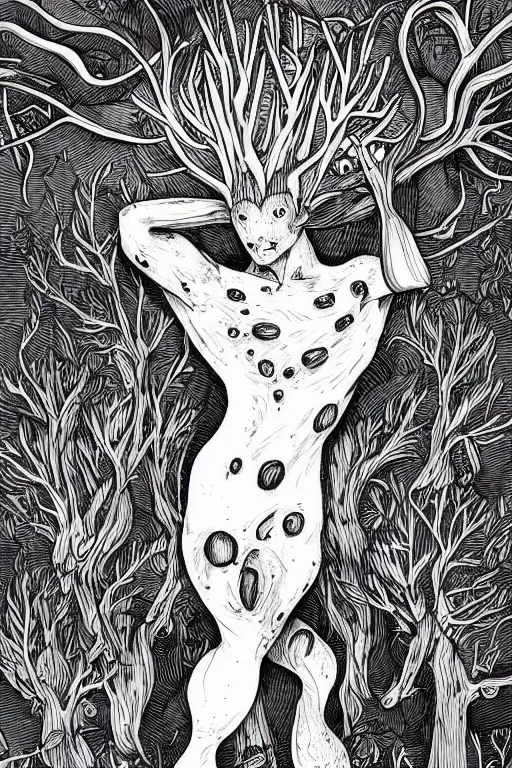 Image similar to black and white illustration, creative design, body horror, forest mushroom man