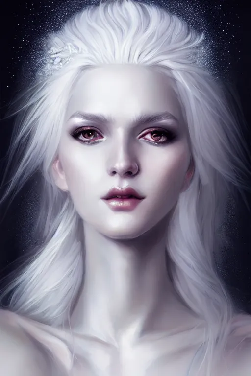 Image similar to a beautiful white haired goddess girl, fantasy, portrait, sharp focus, intricate, elegant, digital painting, artgerm, matte, highly detailed, concept art, illustration, ambient lighting