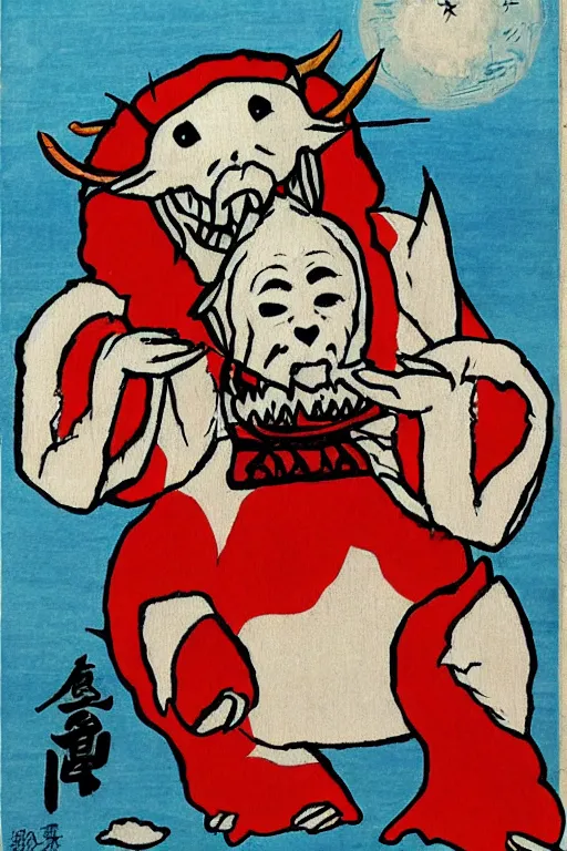 Image similar to baby harp seal as Ibaraki-dōji, scary, terrifying, oni, Japanese painting