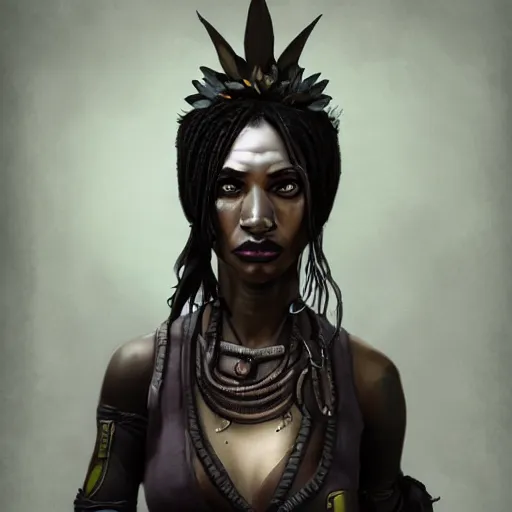 Image similar to a dark and ominous voodoo priestess, Apex Legends character digital illustration portrait design, by anton semenov, detailed, cinematic lighting, wide angle action dynamic portrait