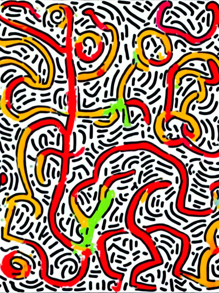 Image similar to minimal keith haring art of acorn that turns into a tree in the shape of a treble clef, a big rip down the middle, splashes of color, inspirational and powerful