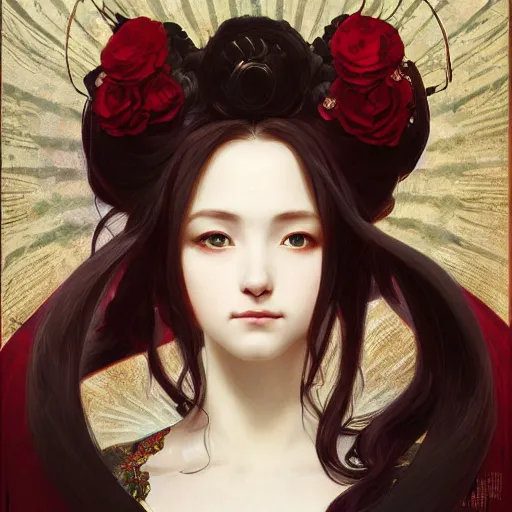 Image similar to a beautiful portrait of hatsune miku with long black and deep red colored hair dressed as a 1 9 th century european noblewoman, intricate, elegant, highly detailed, digital painting, artstation, concept art, matte, sharp focus, illustration, art by greg rutkowski and alphonse mucha