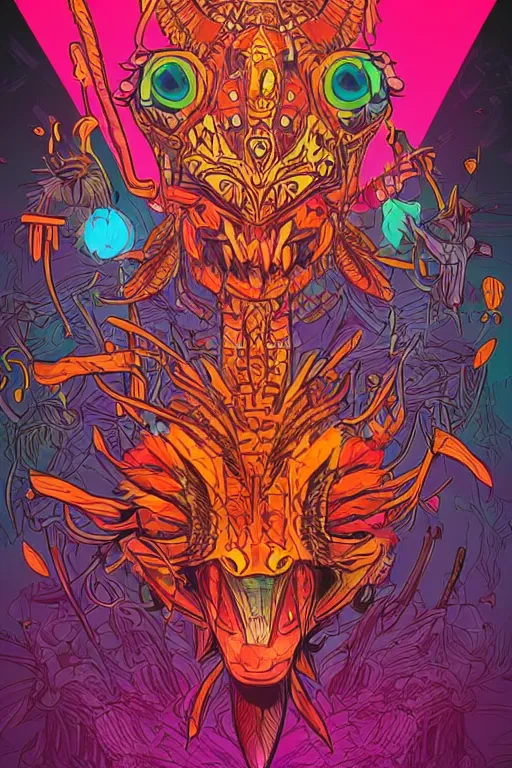 Image similar to totem animal tribal chaman vodoo mask feather gemstone plant video game illustration vivid color borderlands by josan gonzales and dan mumford radiating a glowing aura