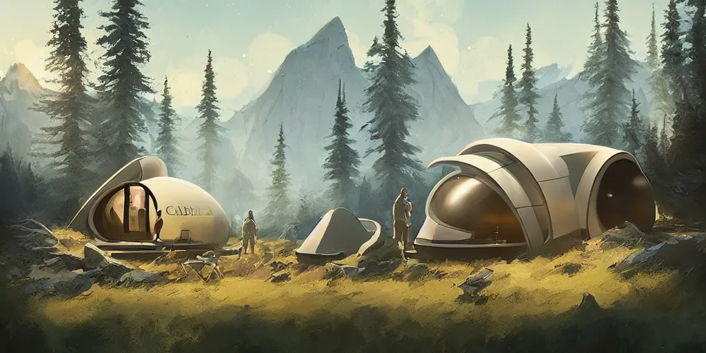 Image similar to cabela's tent sci - fi retro futuristic pop up family space pod, cabin, modular, person in foreground, mountainous forested wilderness open fields, beautiful views, painterly concept art, joanna gaines, environmental concept art, farmhouse, magnolia, concept art illustration by ross tran, by james gurney, by craig mullins, by greg rutkowski