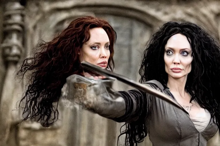 Image similar to film still Angelia Jolie as Bellatrix Lestrange in Harry Potter movie