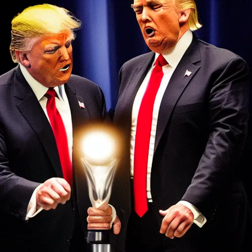 Image similar to donald trump and mike pence lightning battle, dark background, dramatic, award - winning,