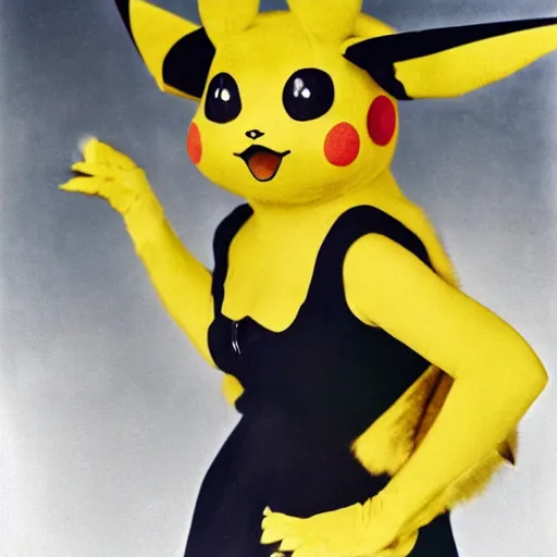 Image similar to elegant woman dressed up as pikachu, art photo in color Frantisek Drtikol, digital photo, clean, sharp, smooth, glossy photo