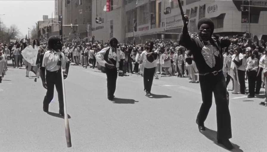 Image similar to 7 0 s film still from a horror movie of gary coleman twirling a baton while marchin in a blm parade, kodachrome, cinecolor, cinestill, film grain, film texture, retro, cinematic, high resolution, photorealism,