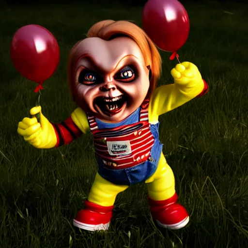 Image similar to screaming chucky doll balloons octane render