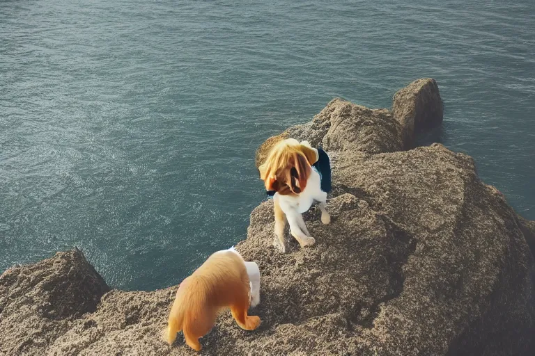 Image similar to a puppy is looking directly at the water below them while they stand at an edge of a cliff