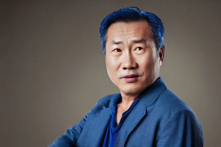 Prompt: a cinematic studio headshot portrait of a middle aged asian man, movie still, blue color theme, dramatic lighting, back light, hair light, rim light, 4 k, ultra realistic, by annie leibovitz