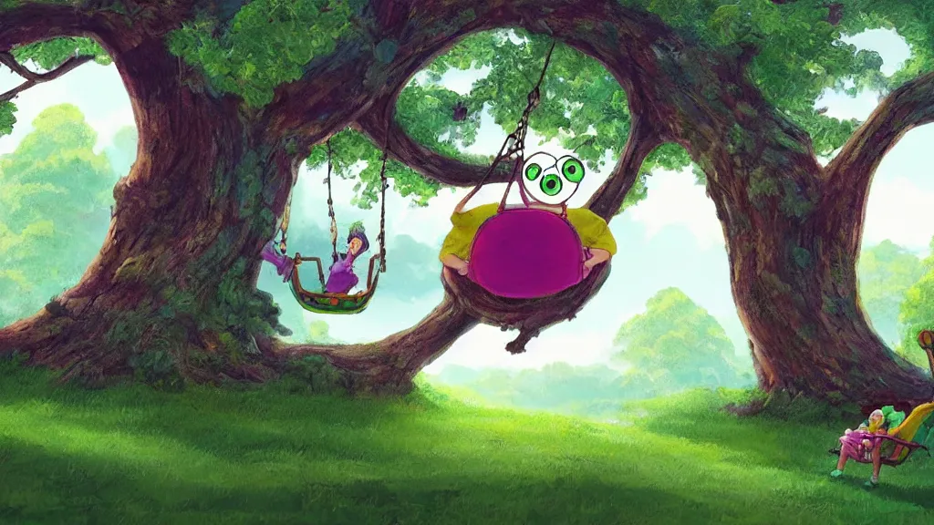 Prompt: mike wazowski sitting on a swing by a large oak tree, beautiful landscape, vivid colors, by robert kondo, concept art