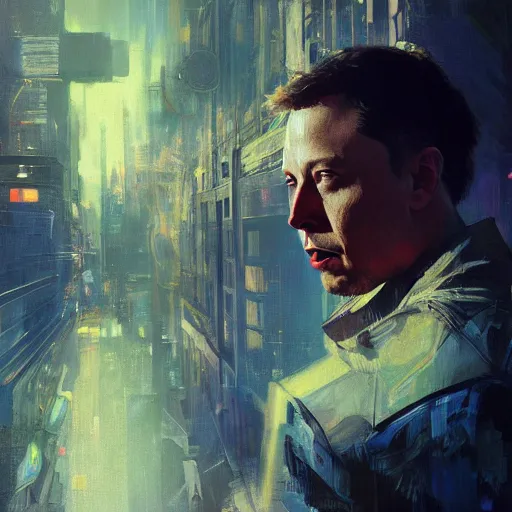 Image similar to elon musk, hyperrealistic portrait, bladerunner street, art of elysium by jeremy mann and alphonse mucha, fantasy art, photo realistic, dynamic lighting, artstation, poster, volumetric lighting, very detailed face, 4 k, award winning