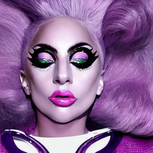 Image similar to lady gaga with pink hair wearing a purple dress, an album cover by Hedi Xandt, featured on tumblr, afrofuturism, made of rubber, made of plastic, elite