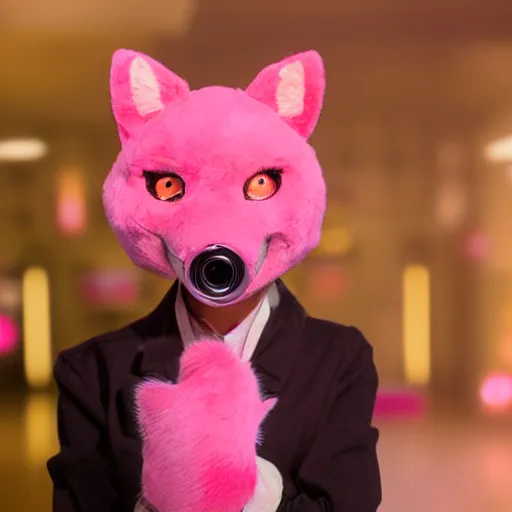 Prompt: cute pink fox fursuiter at a furry convention, realistic photograph, cinematic lens, studio lighting, indoors