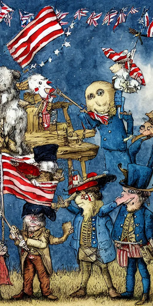 Prompt: a 1 7 7 6 4 th of july day greeting card scene with american and british soldiers by alexander jansson, joel fletcher, owen klatte, angie glocka, justin kohn, maurice sendak. 4 th of july day color palette.