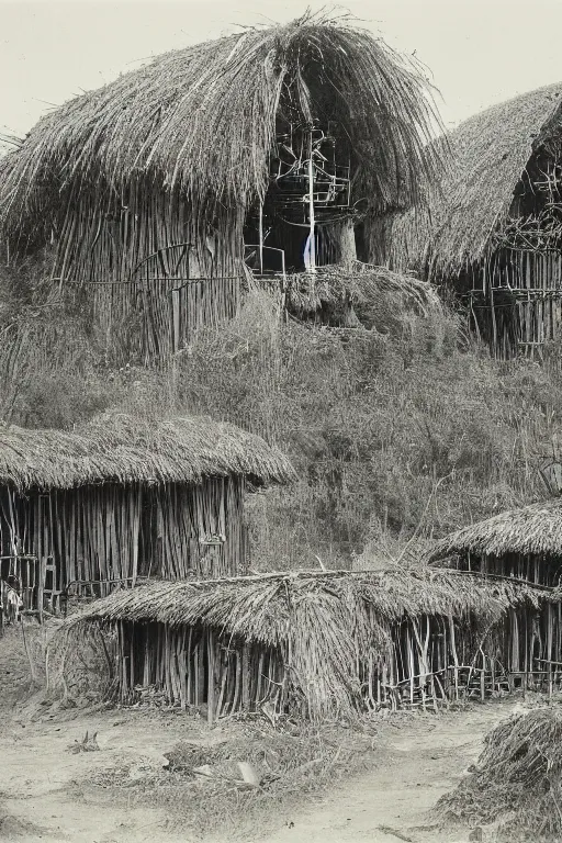 Image similar to long and tall organic houses, village, jungle, black and white photography, year 1 9 0 0