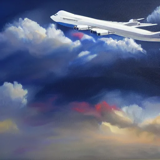 Image similar to boeing 7 4 7 in the clouds, oil painting, realistic, very detailed, 4 k