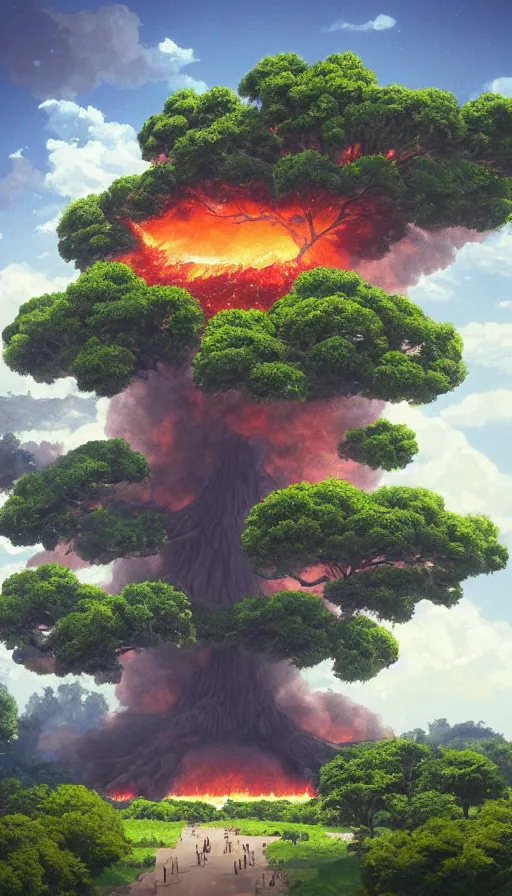 Prompt: A highly detailed matte painting of the biggest tree ever with buildings on the tree, the tree is on fire, huge fire with smoke and explosions, by Studio Ghibli, Makoto Shinkai, by Artgerm, by beeple, volumetric lighting, octane render, 4K resolution, trending on artstation, masterpiece