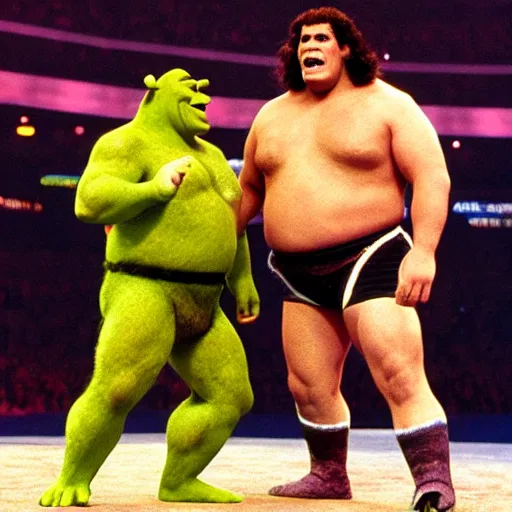 Image similar to shrek vs andre the giant at wrestlemania 8