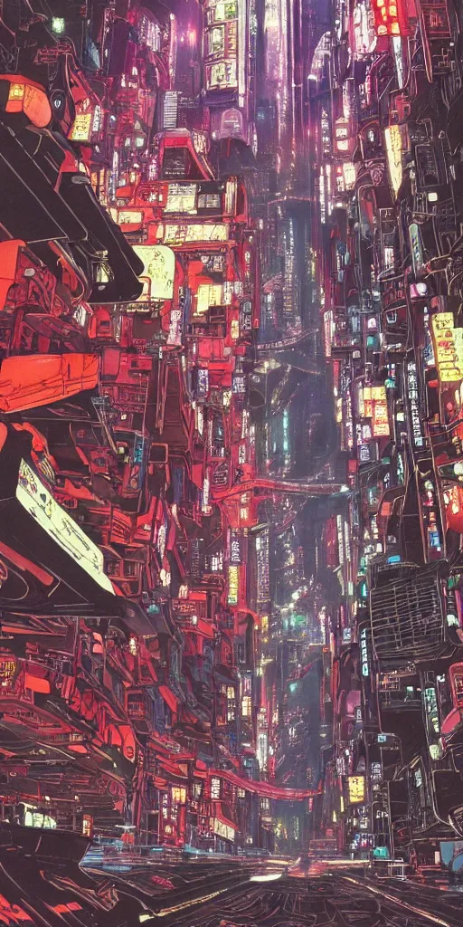 Prompt: beautiful and detailed anime drawing of an AKIRA-like cyberpunk city landscape with light trail from a motorcycle at the bottom and a bridge silhouette at the top, China at night, 1980s, by Katsuhiro Otomo and mamoru oshii, wide angle, worm's eye view, grand, clean, colorful